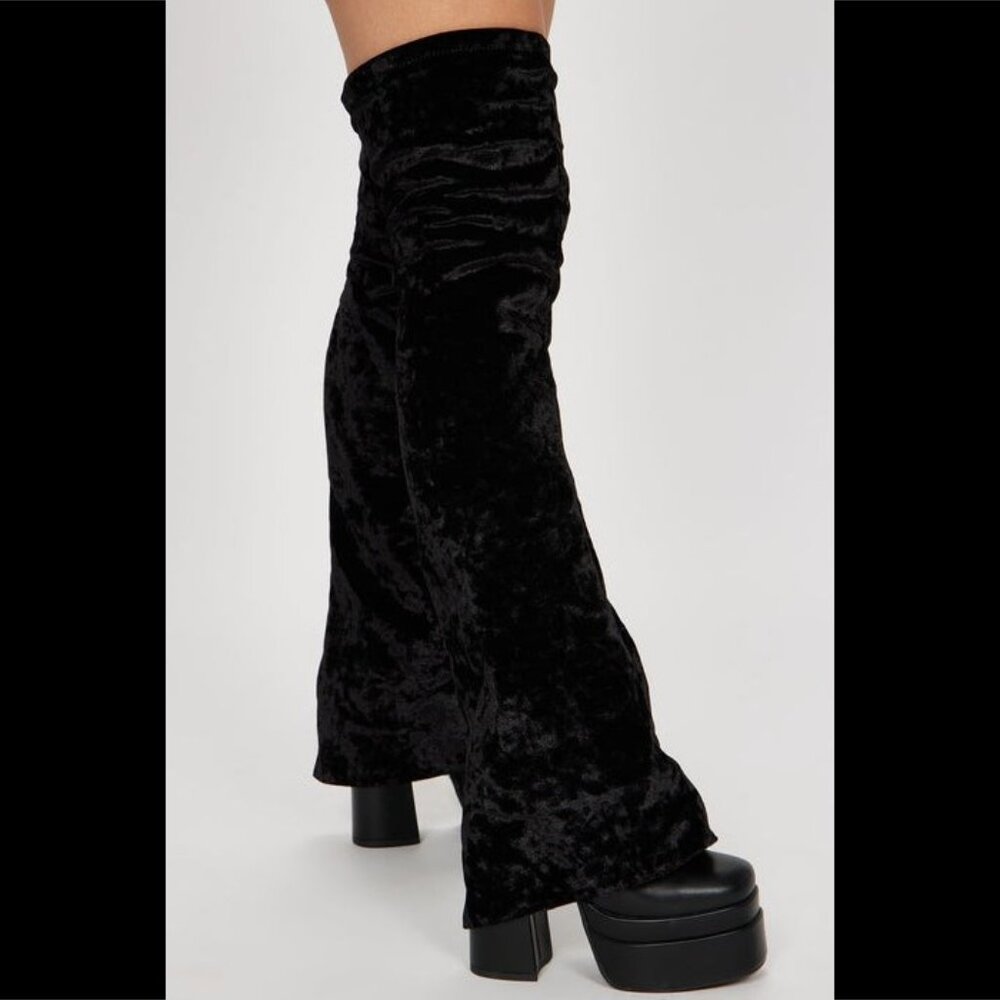 Unique Thigh High Black Velvet Fold over Skirted Chunky Heel Platform Boots - Picture 3 of 17